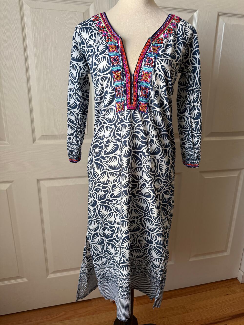 Bella Tu Cotton Resort Dress Beaded Trim Coastal Vacation Bohemian Size XS